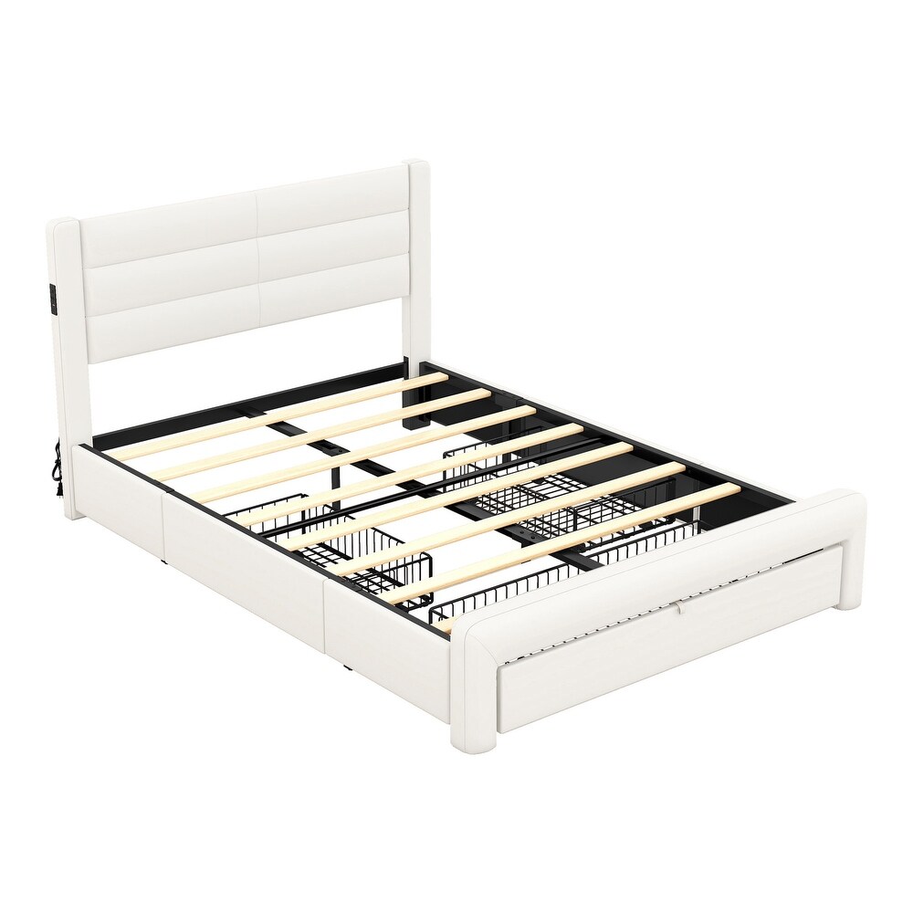 Queen Storage Bed Leather Upholstered Wood Platform Bed Frame w/ Footboard Drawers  Charging Station Headboard  2 Side Drawers