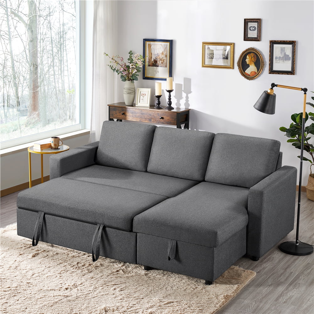 Yaheetech L-Shaped Reversible Sofa with Pull Out Bed & Storage For Limited Spaces, Dark Gray