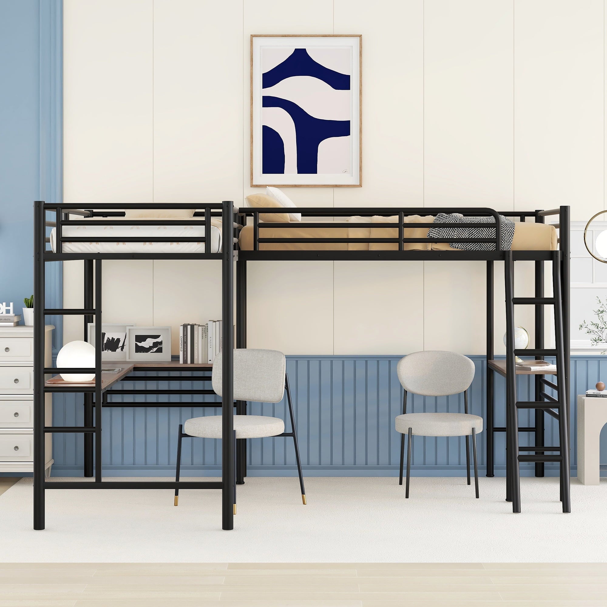 Metal L-Shaped Twin Size Loft Bed with Two Desk for Kids Bedroom, Black