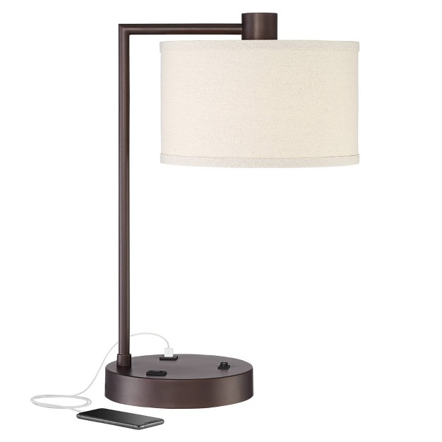 High Bronze With Usb And Ac Power Outlet In Base White Linen Drum Shade For Bedroom Living Room Office Family