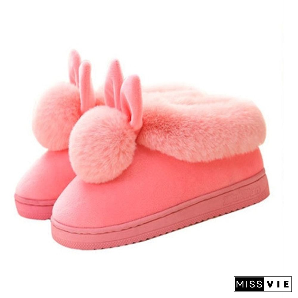 Winter Cute Rabbit Hair Indoor Warm Non-Slip Cotton Slippers Winter Women Shoes