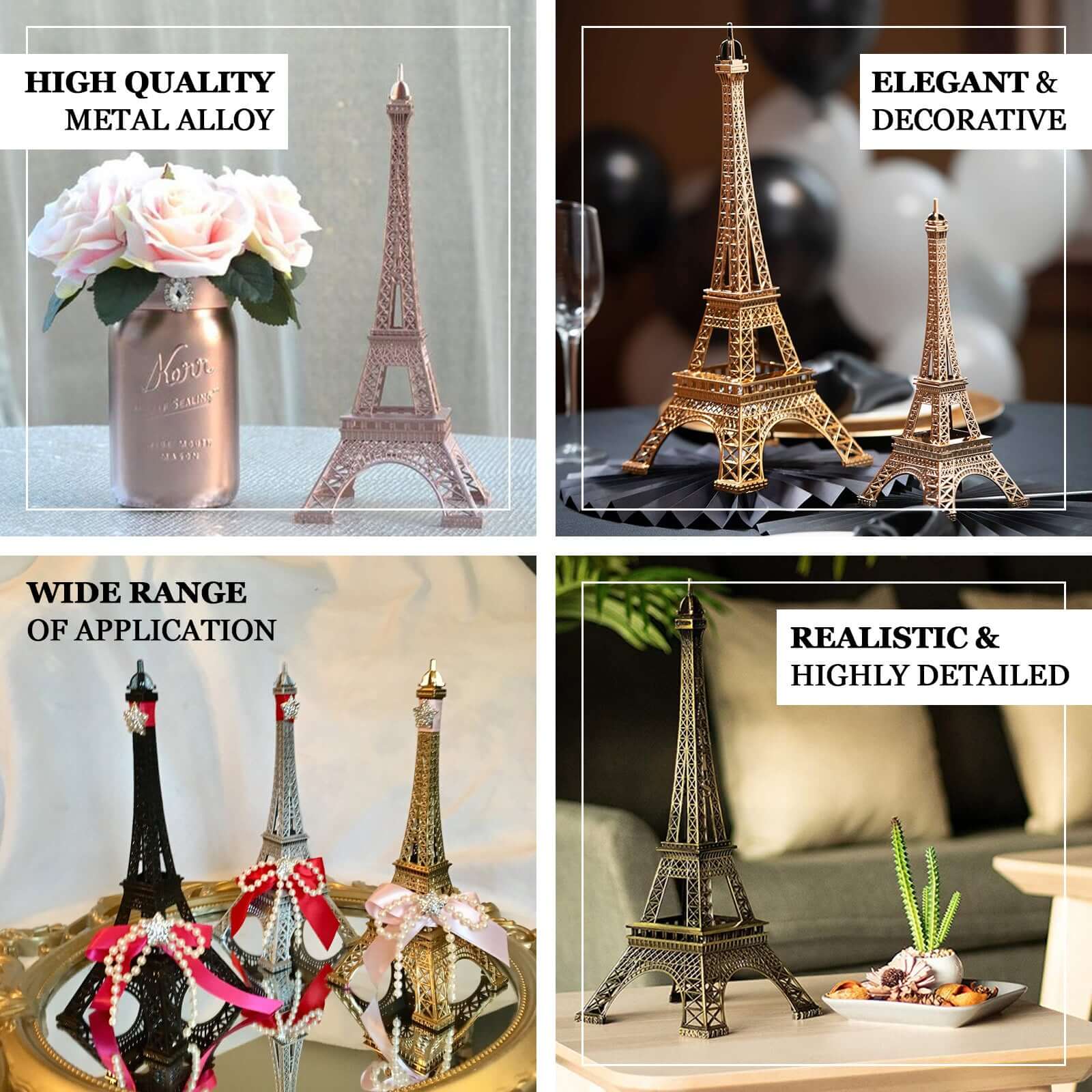 Silver Metal Eiffel Tower Table Centerpiece, Decorative Cake Topper - 10