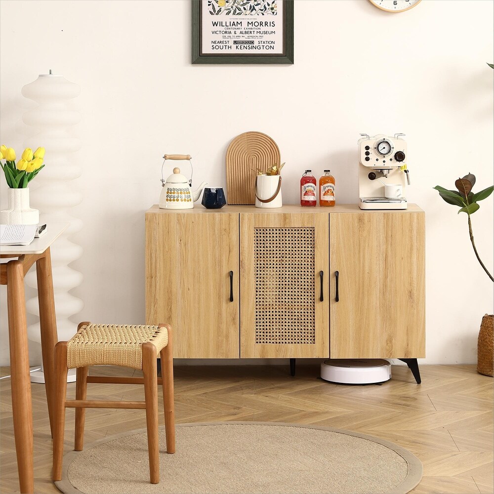 3 Door Cabinet with Rattan Mesh for Living Room  Oak