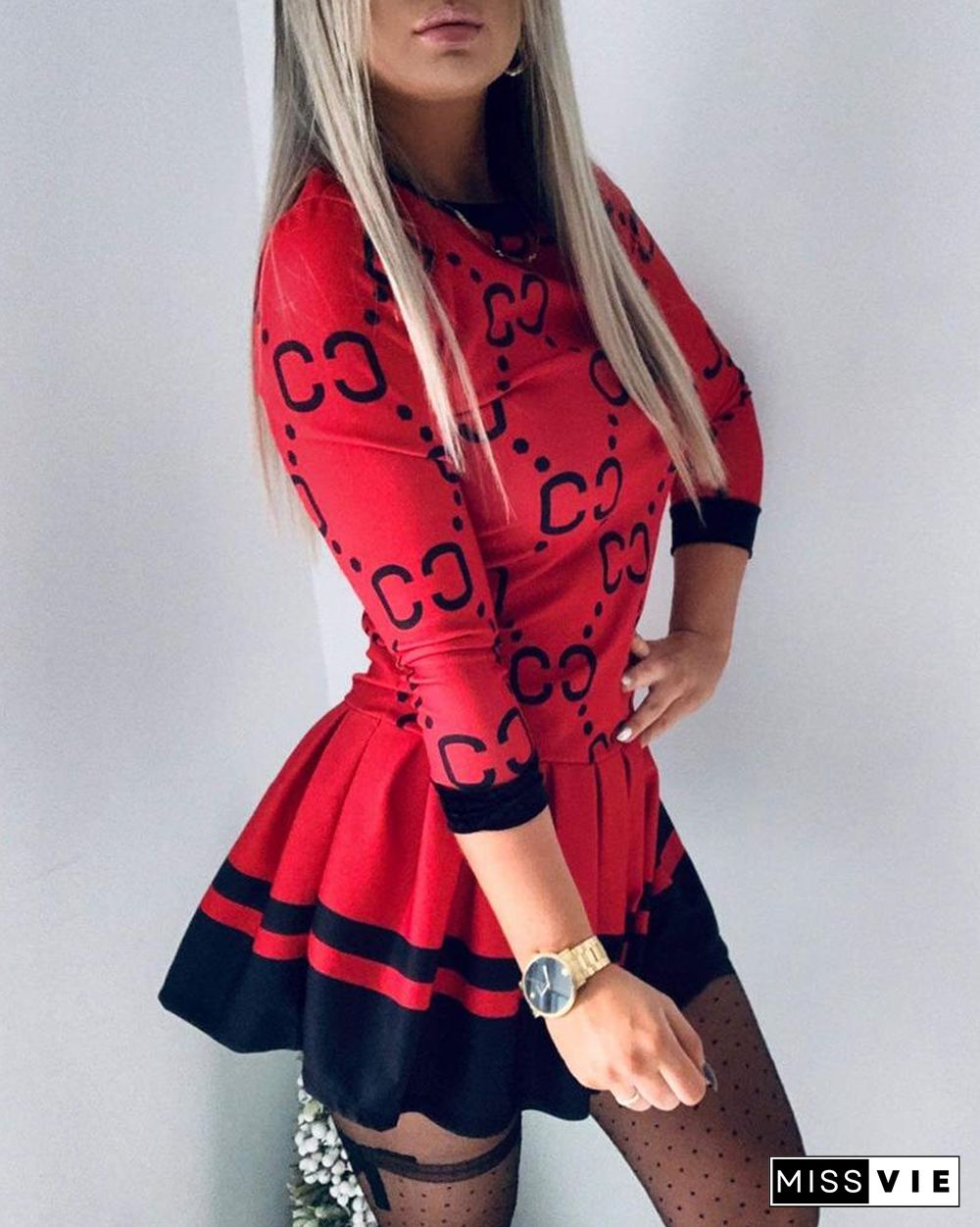 Christmas Colorblock Long Sleeve Pleated Dress