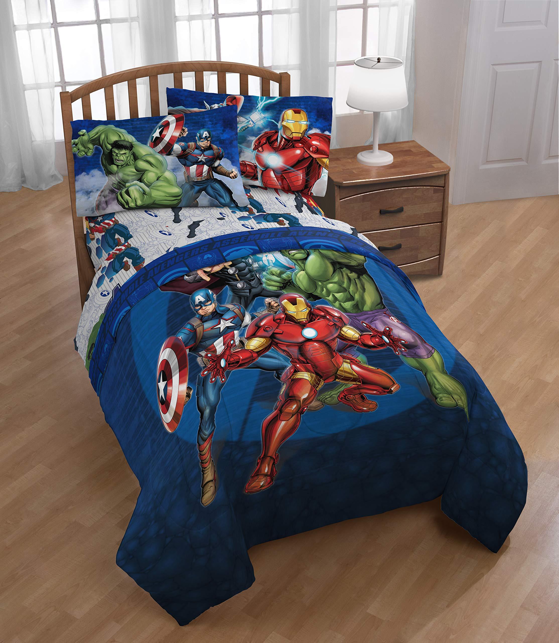 Avengers Collection Cartoon Superhero 5 Pieces Kids Full Bed Set, 100% Microfiber, Blue, Marvel