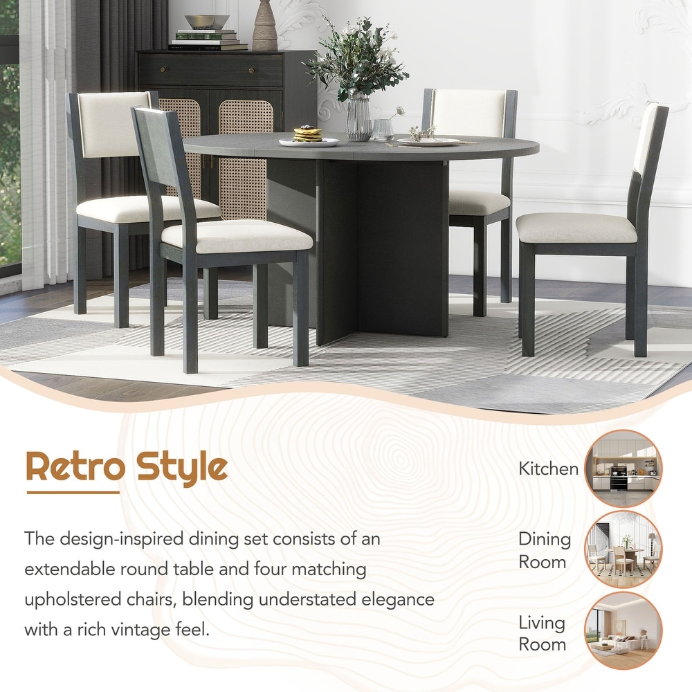 Retro 5 Piece Functional Dining Set with Oval Extendable Dining Table and Upholstered Dining Chairs for Dining Room  Gray