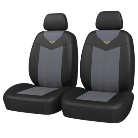 Autocraft Car and SUV Seat Cover， Black/Grey Faux Leather， Fashion， Universal， V Embellishment， Breathable， 2PK