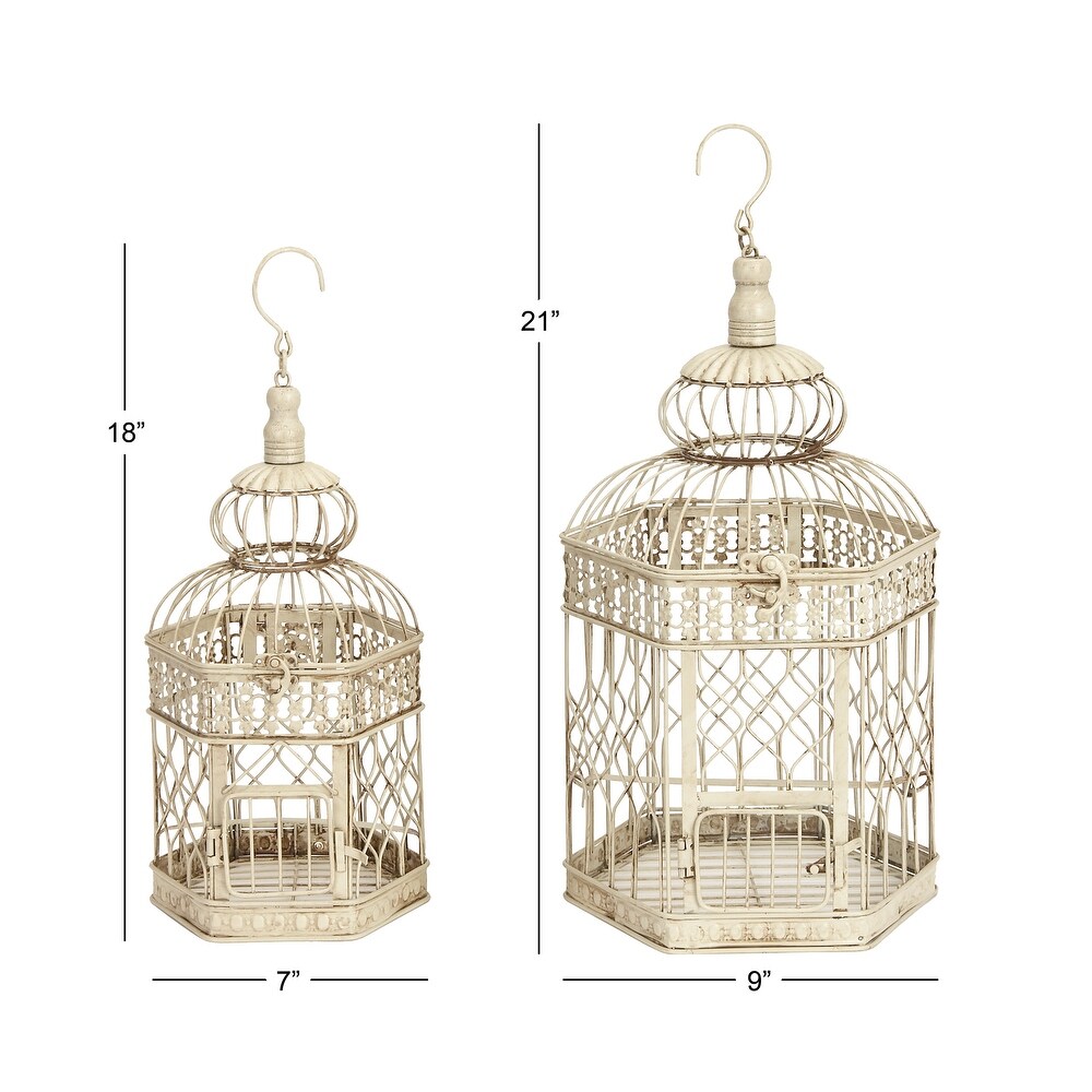 Cream Metal Vintage Birdcage with Latch Lock Closure and Hanging Hook (Set of 2)   10 x 10 x 21