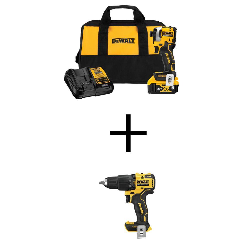 DW ATOMIC 20V MAX Lithium-Ion Cordless Impact Driver Kit and ATOMIC 20V MAX Cordless Brushless Compact 12 in. Hammer Drill DCF850P1WDCD709