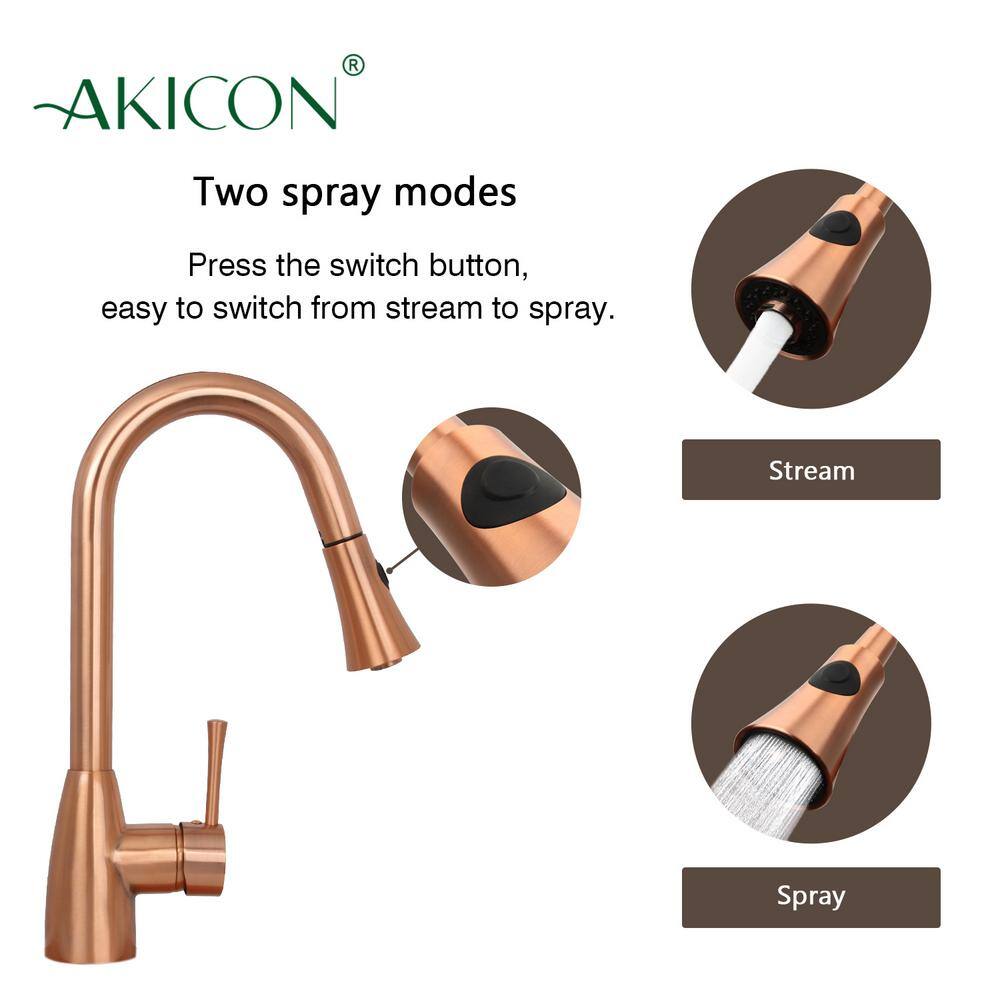 Akicon Single-Handle Pull-Down Sprayer Kitchen Faucet in Copper AK455C