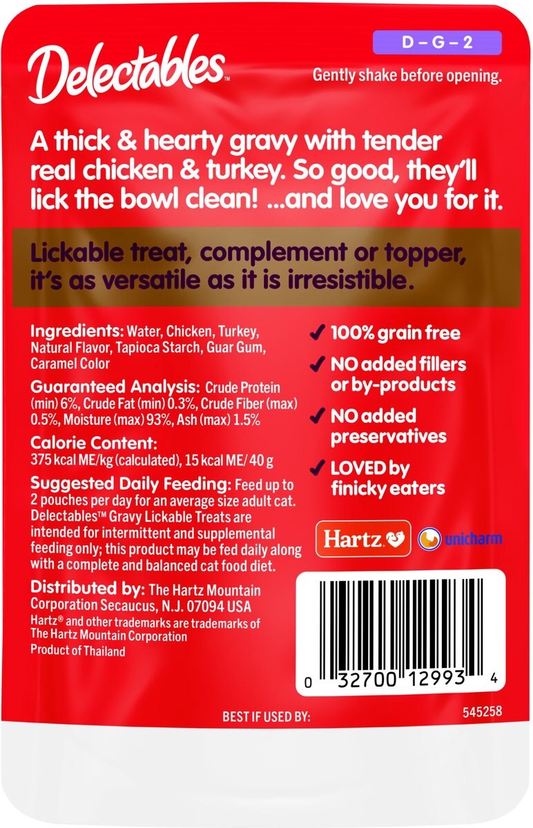 Hartz Delectables Gravy Non Seafood Chicken and Turkey Lickable Cat Treats， 1.4-oz tubes， 12 count