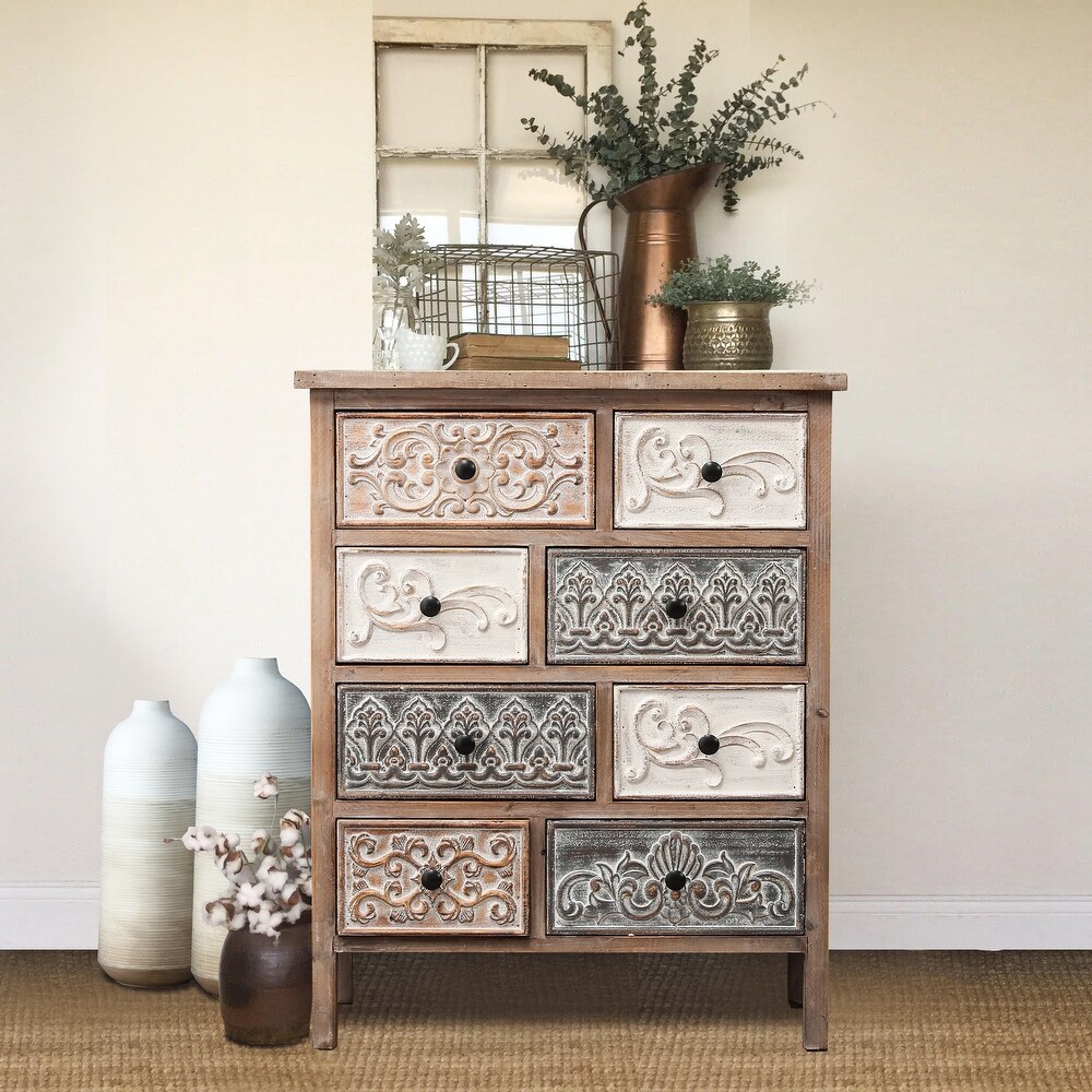 The Curated Nomad Brewa Varied Rustic Carved Wood 8 Drawer Chest   32.09\