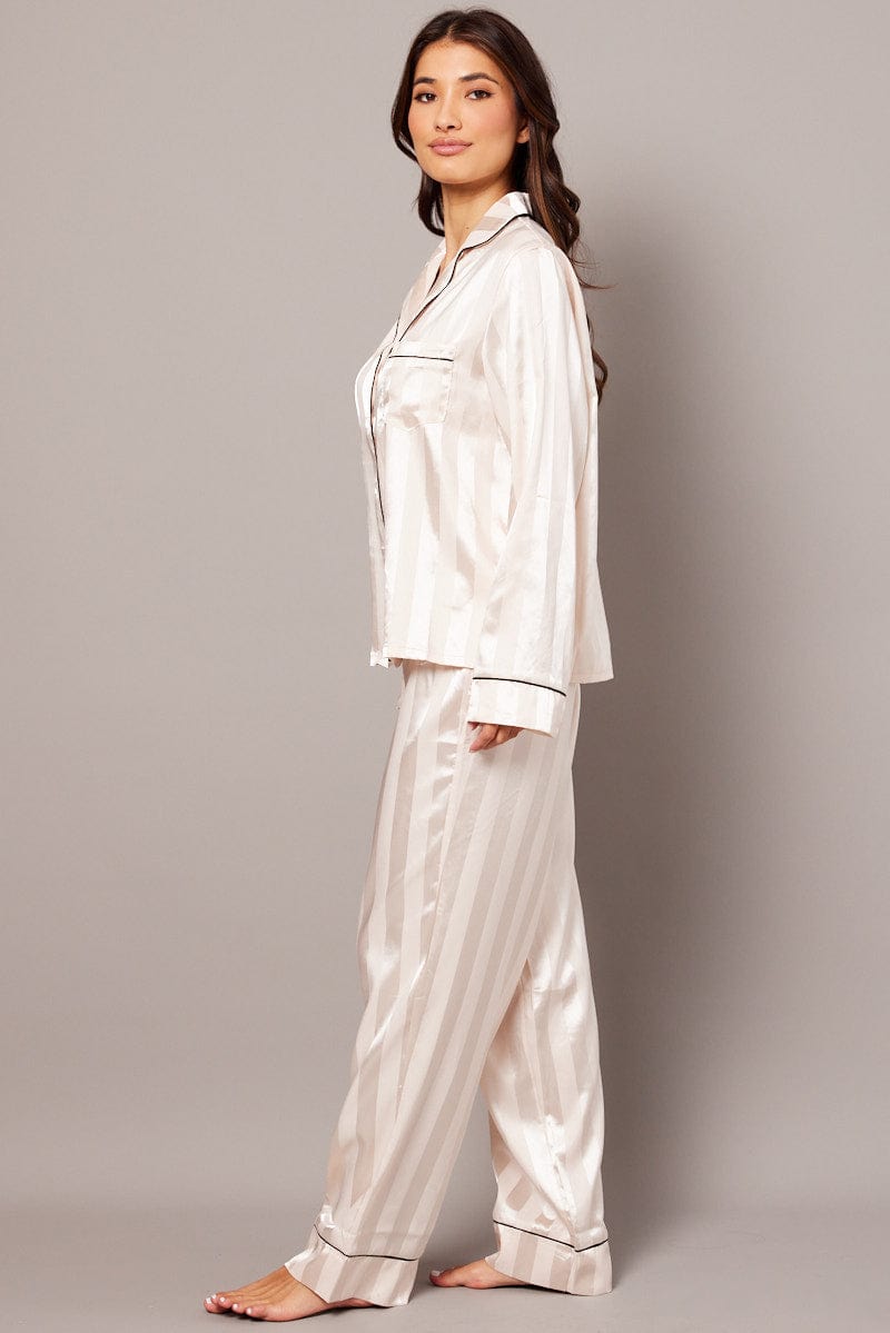 Beige Stripe Pj Set Satin Stripe Contrast Piping Pyjama