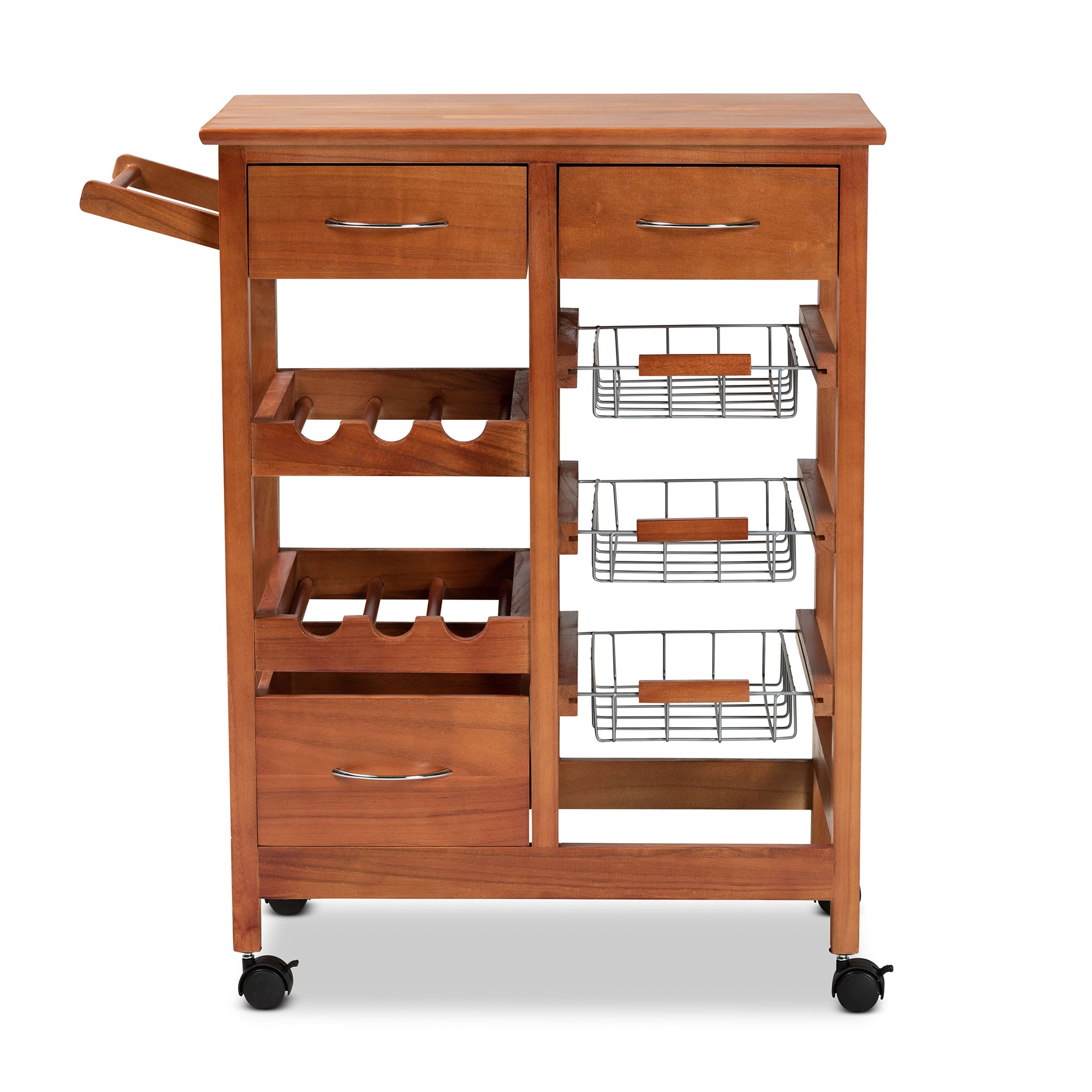 Baxton Studio Crayton Modern and Contemporary Oak Brown Finished Wood and Silver-Tone Metal Mobile Kitchen Storage Cart