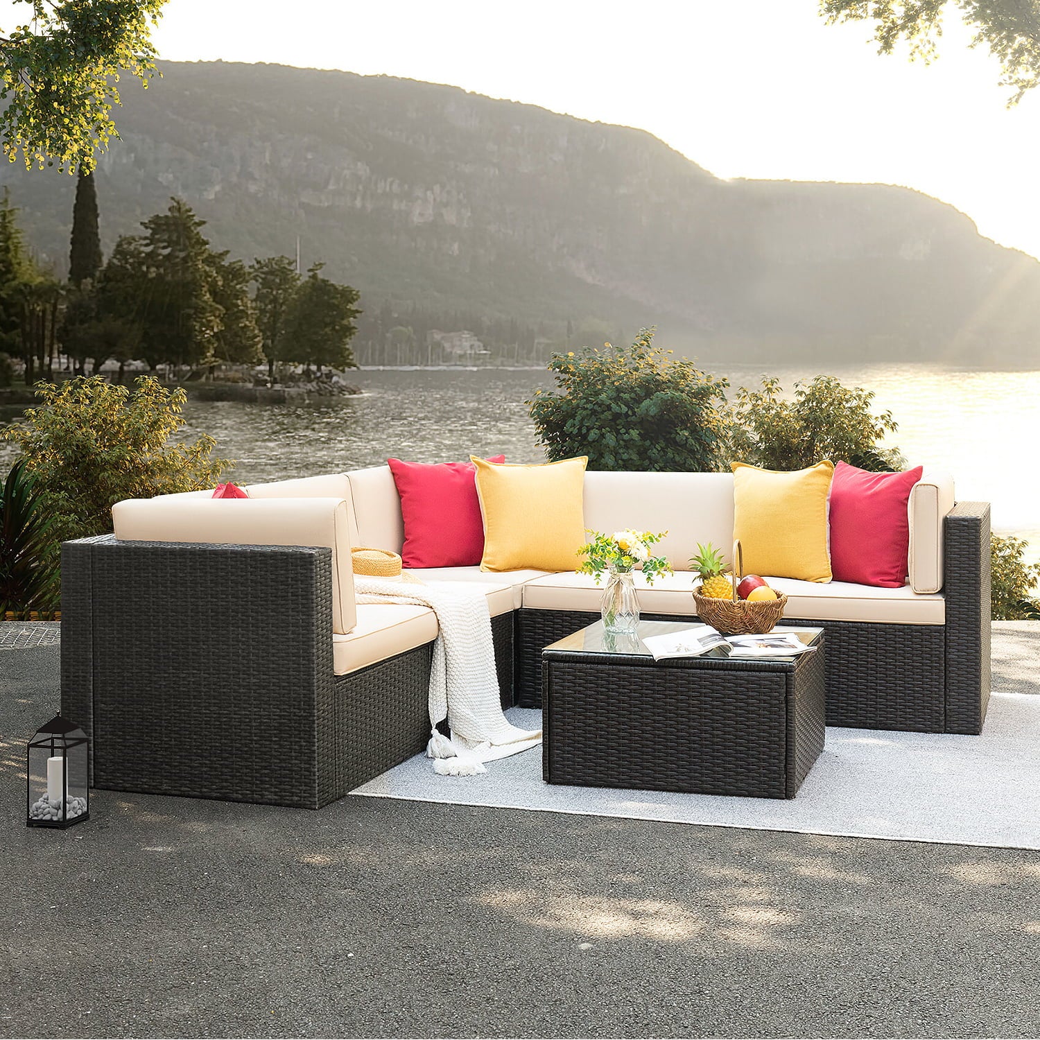 Devoko 6 Pieces Patio Furniture Set Outdoor Sectional Sofa, Beige, Wicker, Rattan, Steel