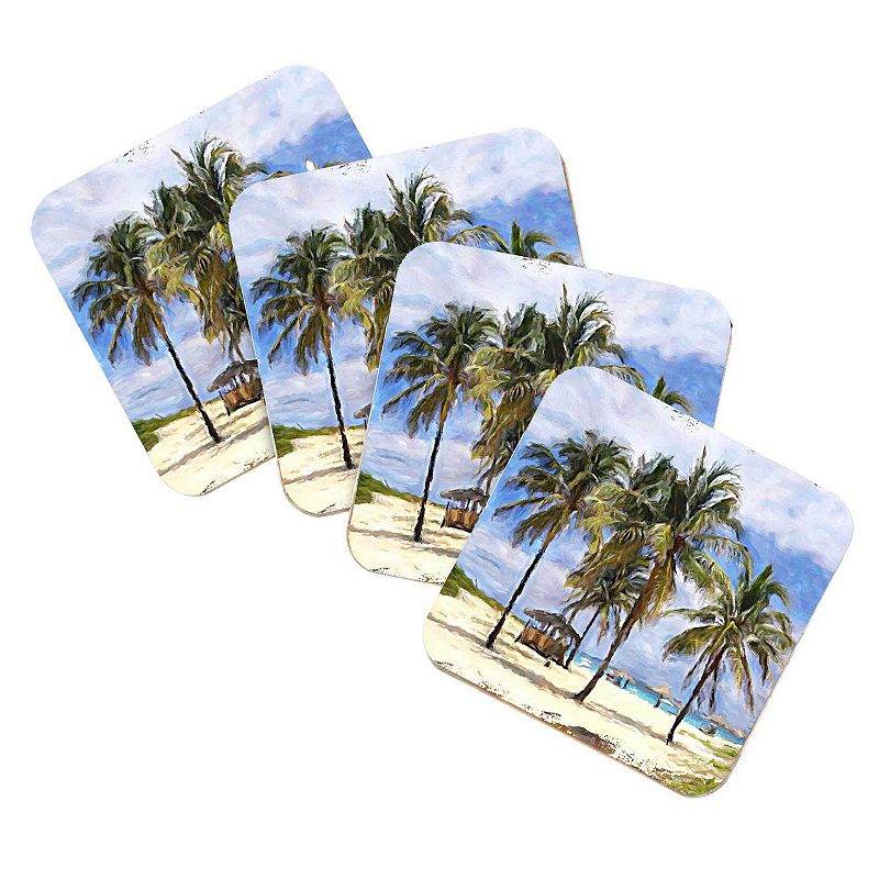 Palm Trees Beach Coastal Wooden Cork Coasters Gift Set of 4 by Nature Wonders