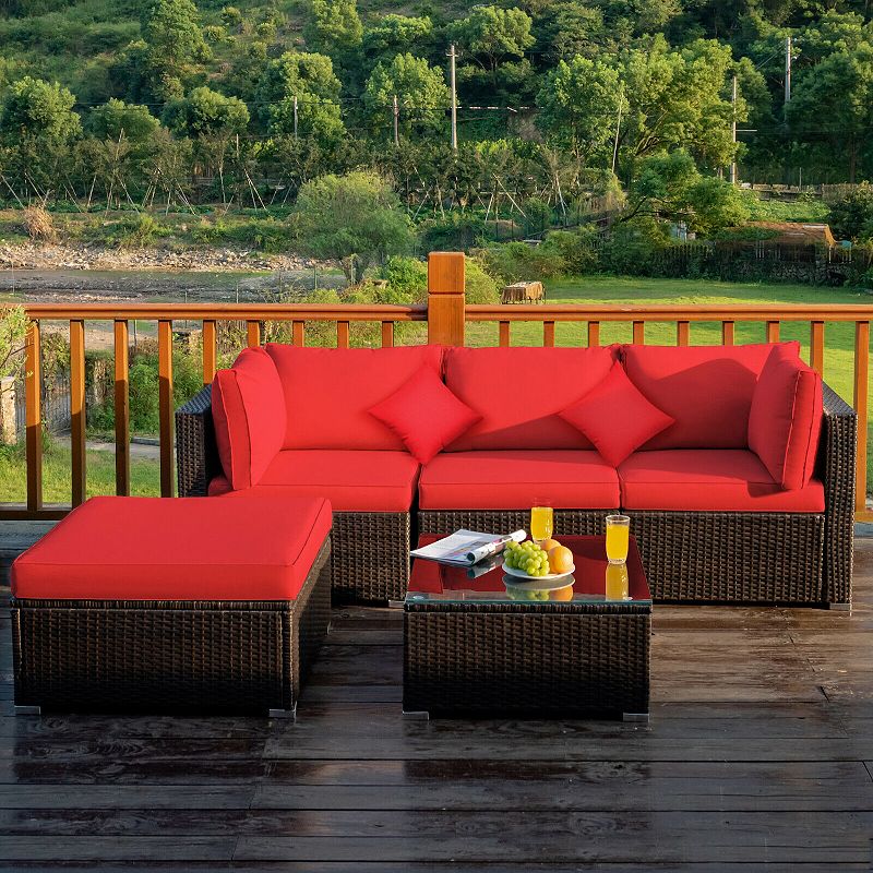 5 Pieces Outdoor Patio Rattan Furniture Set With Cushions