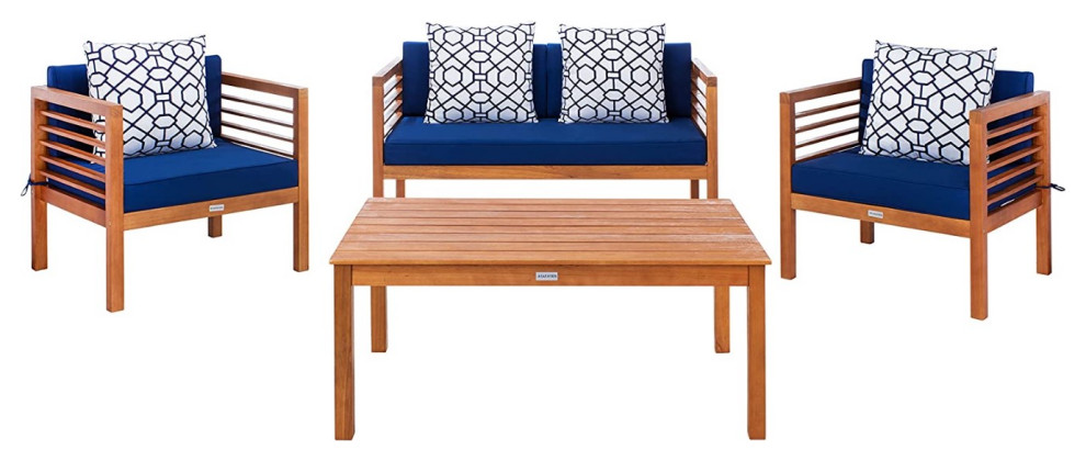 4 Piece Patio Set  Eucalyptus Frame and Cushioned Seat With Pillows   Contemporary   Outdoor Lounge Sets   by Decor Love  Houzz