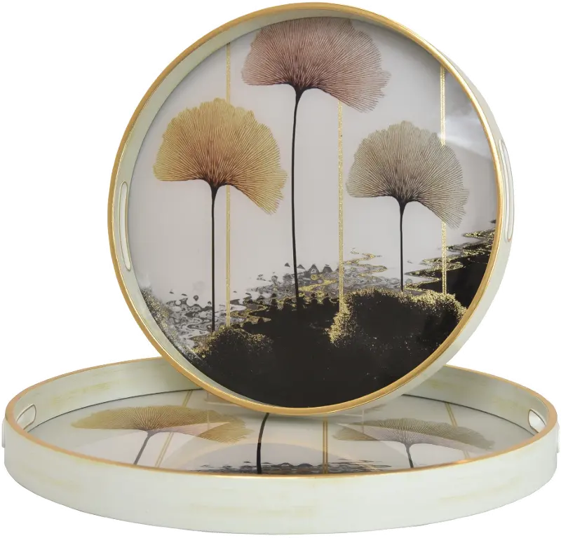 14 Inch Round White， Gold and Burgundy Fan Brush Tray