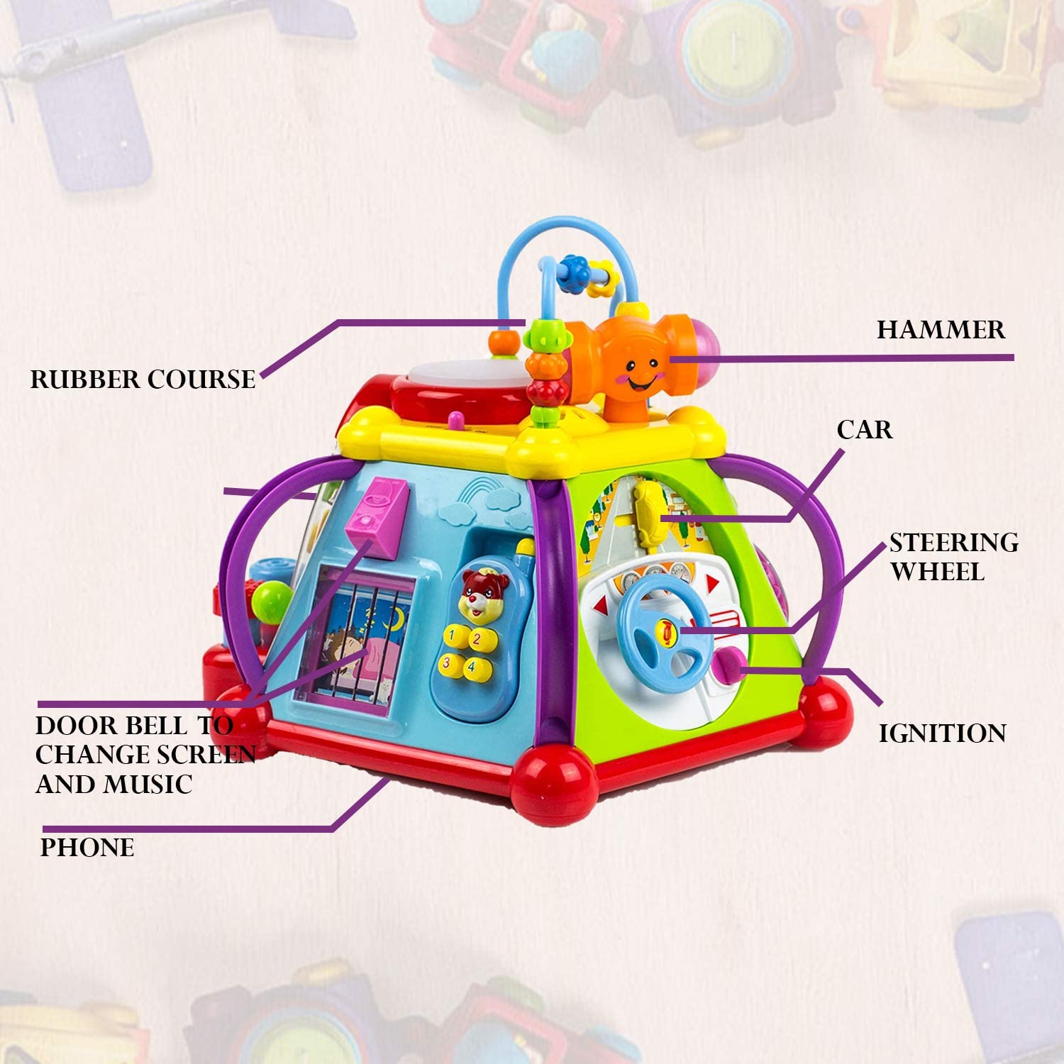 Toysery Baby Activity Center – Toddler Kids Learning and Skill Development Cube with Lights and Music. Enhance Skill Development with a 15 in 1 Game Functions Toy