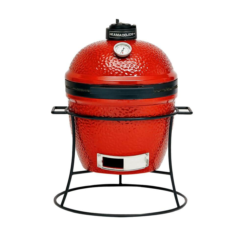 Kamado Joe Joe Jr. 13.5 in. Portable Charcoal Grill in Red with Cast Iron Cart, Heat Deflectors and Ash Tool KJ13RH