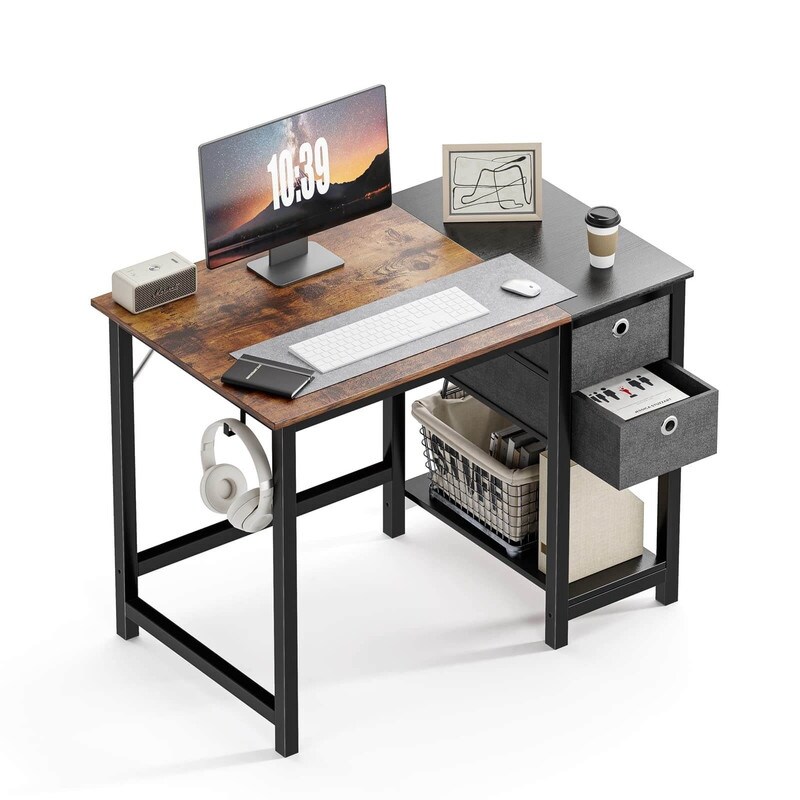 Modern Simple Style Computer Desk with Black 2 Tier Drawers Storage