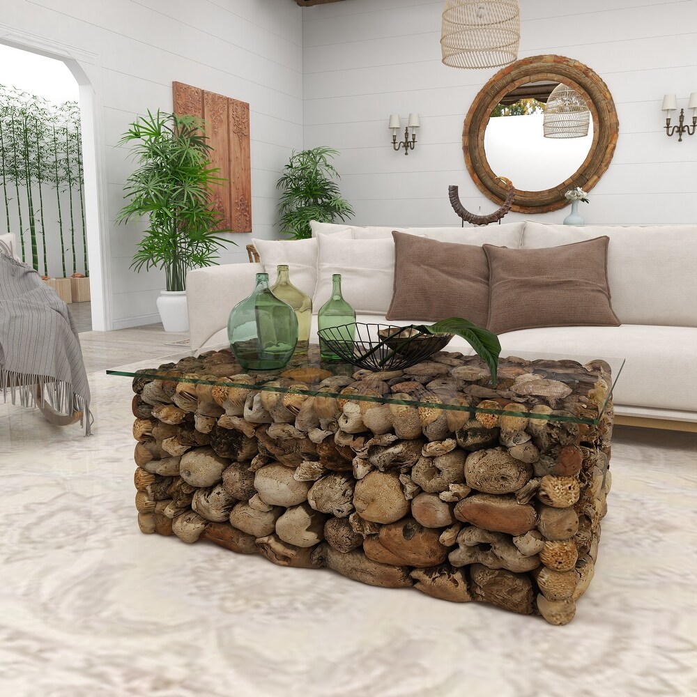 Brown Driftwood Handmade Collage and Pedestal Base Coffee Table with Tempered Glass Top   48\