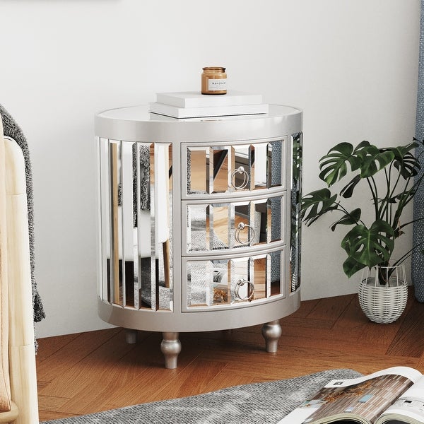 Round Mirrored Nightstand with 3-Drawers， Mirror End Table Silver Bedside Table