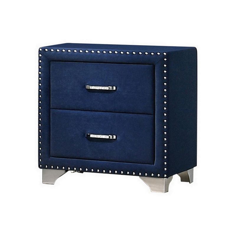 Cale 26 Inch Modern Wood Nightstand， Velvet Upholstered， Nailhead， Blue