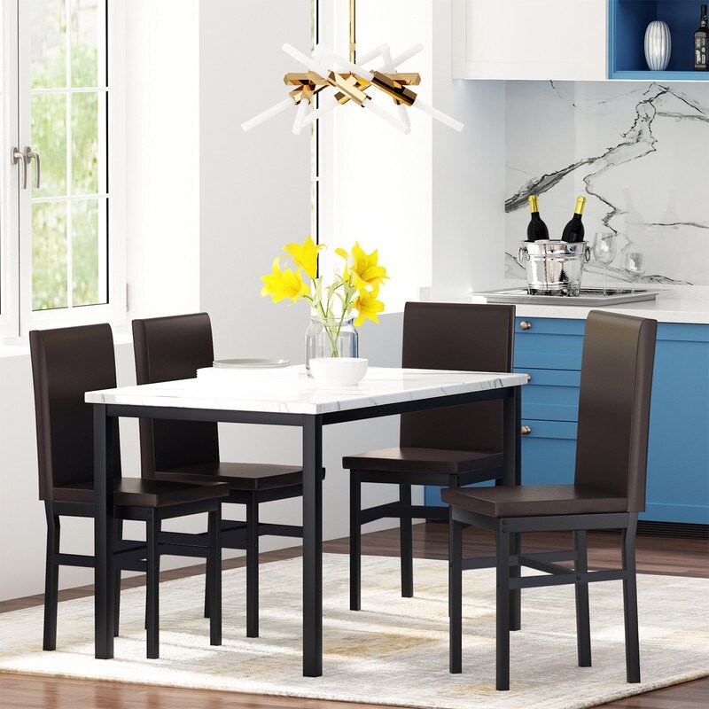 Mieres 5 Pieces Faux Marble Dining Table Set with 4 Upholstered PU Leather Chairs