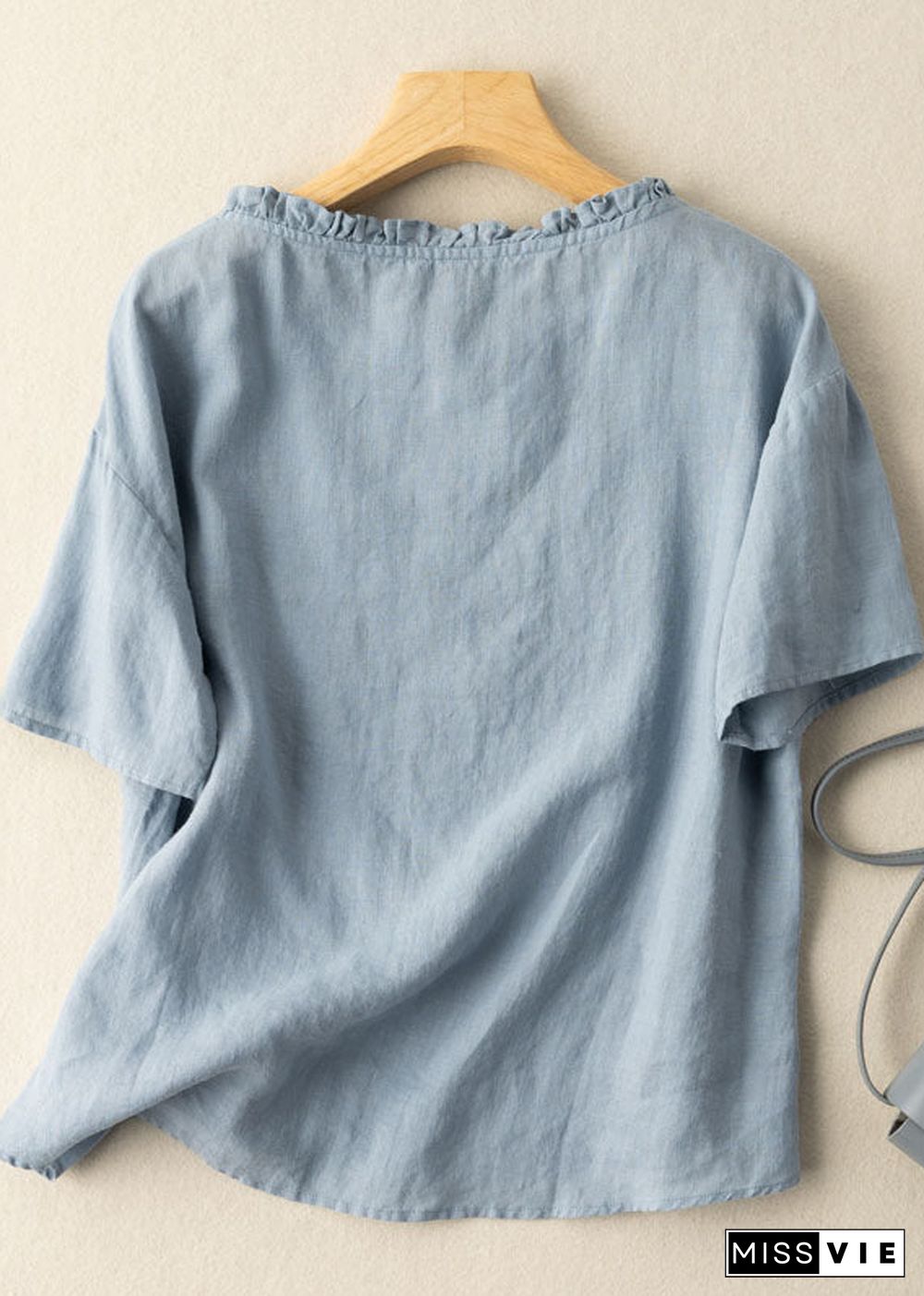 Classy Blue Ruffled Embroideried Patchwork Cotton T Shirts Tops Summer