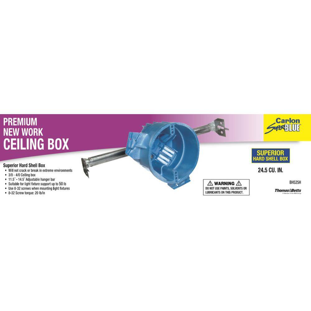 Carlon 4 in. 24.5 cu. in. Hard Shell PVC New Work Electrical Ceiling Box with Adjustable Hanger Bar BH525H