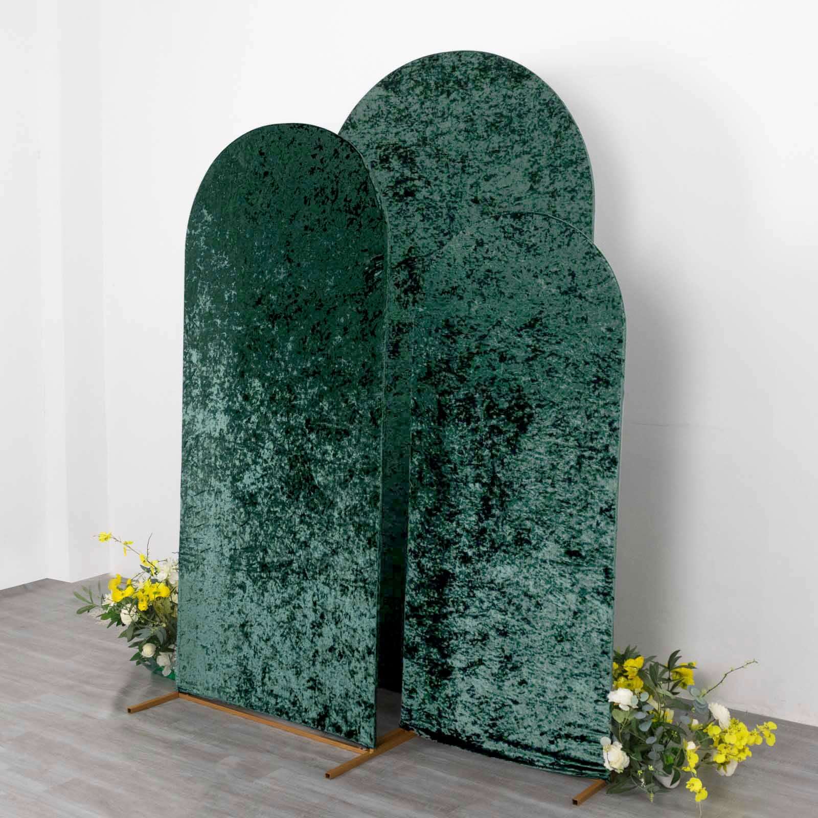 Set of 3 Hunter Emerald Green Crushed Velvet Chiara Wedding Arch Covers For Round Top Backdrop Stands 5ft, 6ft, 7ft