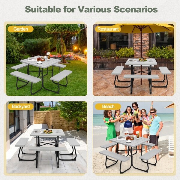 Outdoor Picnic Table with 4 Benches and Umbrella Hole