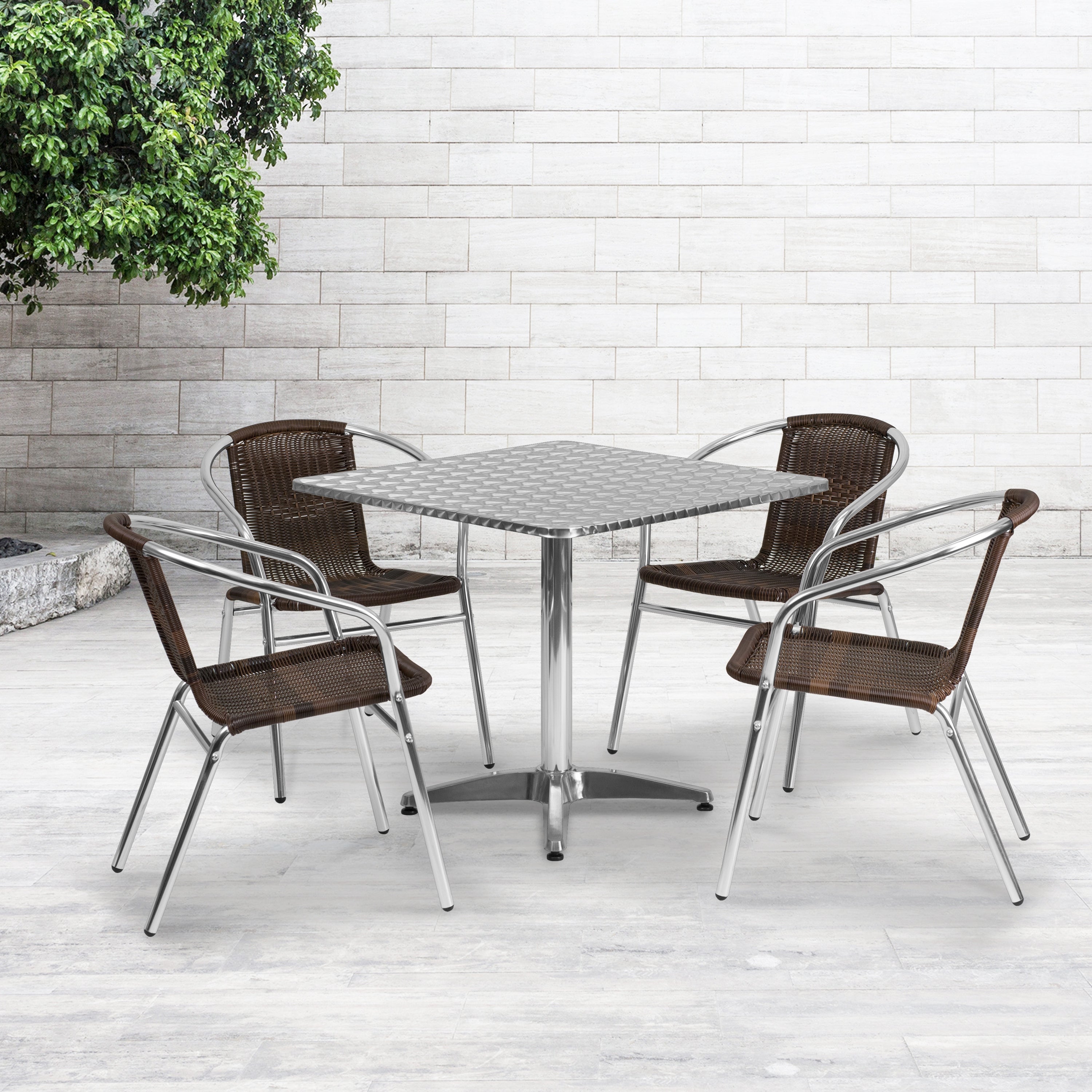 31.5'' Square Aluminum Indoor-Outdoor Table Set with 4 Rattan Chairs - Overstock - 10763236