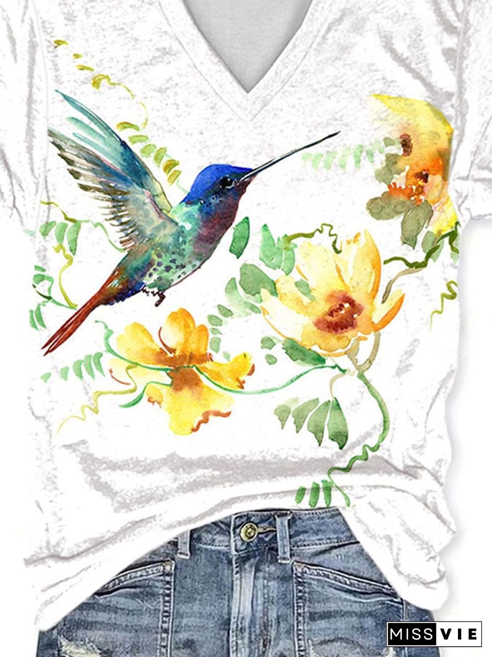 V-neck Hummingbird Yellow Flower Print T-Shirt