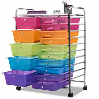 Costway 15 Drawer 4-Wheeled Plastic Rolling Storage Cart Tools Scrapbook Paper Office School Organizer in Colorful HW53825