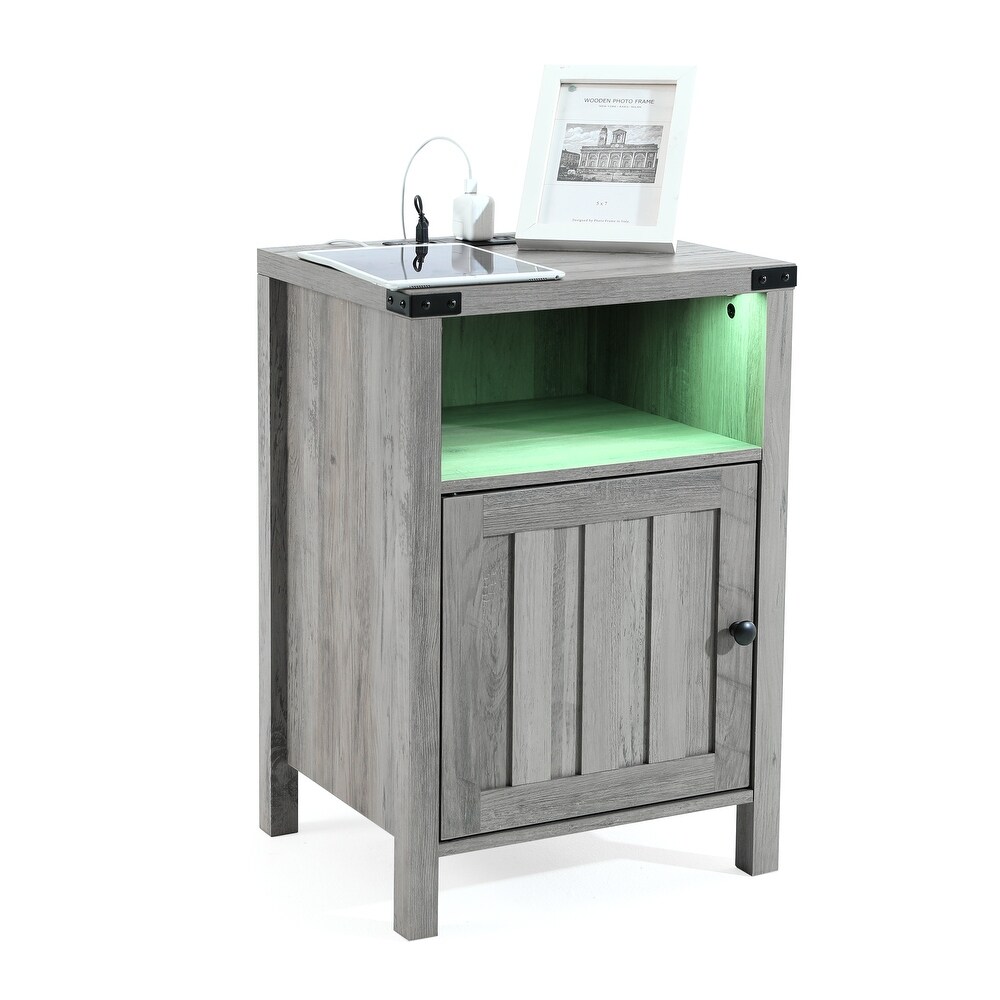 Nightstand with Charging Station And RGB Light Strip Barn Door Cabinet  Open Shelf