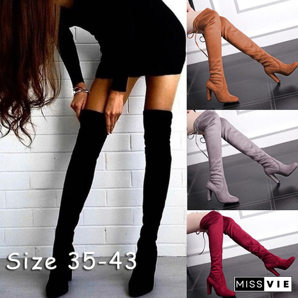 Autumn And Winter Women's Fashion Boots Over Knee High Boot Lace Up High Heel Long Thigh Boots Shoes Ladies Solid Color Long Boots