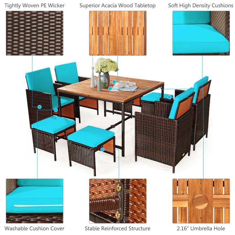 9 Pcs Rattan Wicker Outdoor Patio Dining Set with Acacia Wood Dining table, 4 Ottomans, 4 Cushioned Armchairs