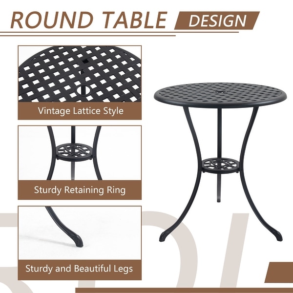 3 Piece Bistro Table Set Cast Aluminum Outdoor Patio Furniture with Umbrella Hole and Grey Cushions for Patio Balcony，Black