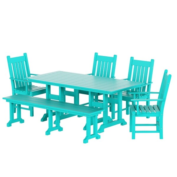 Polytrends Laguna Hdpe All Weather Outdoor Patio Dining Set with Rectangle Table，Arm Chairs and Bench (6Piece Set)