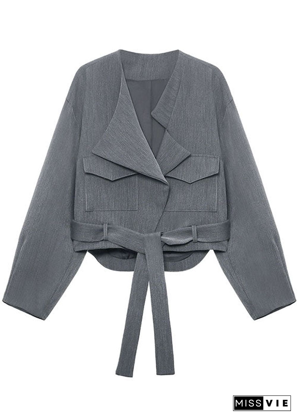 Unique Grey Loose Pockets tie waist Fall Long sleeve Coat