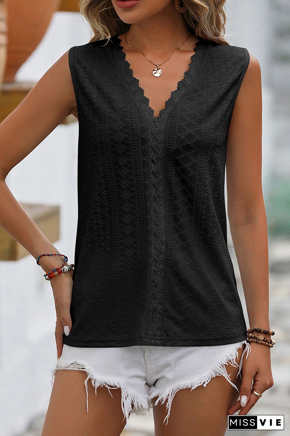 Plain V Neck Lace Edge Eyelet Pattern Tank Top