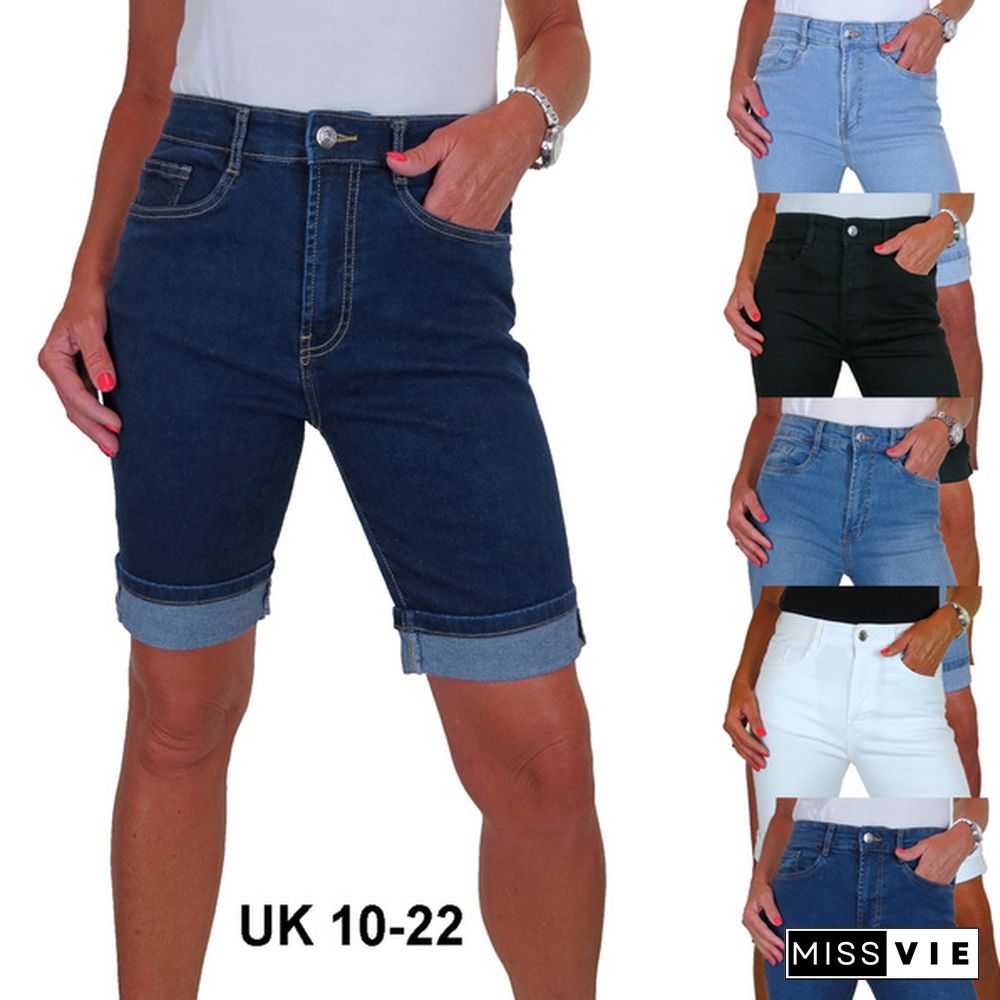 Womens High Waist Denim Jeans Shorts Contrast Turn Up Cuff Ladies Stretch Bermuda Summer Shorts