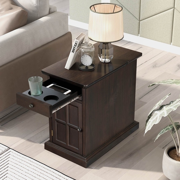 End Table Side Table with USB Ports and Cup Holders for Small Space