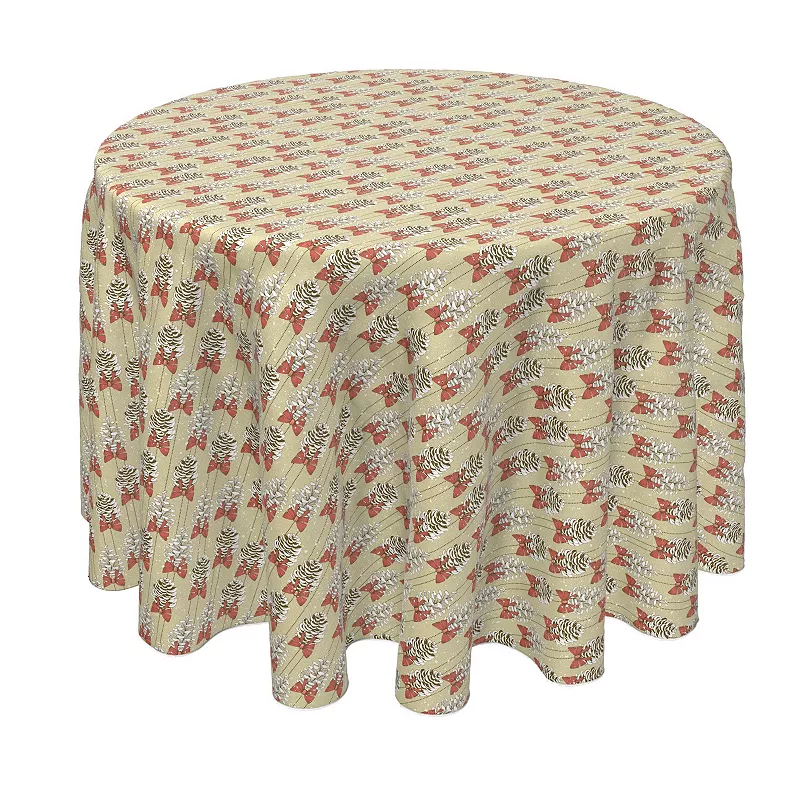 Round Tablecloth， 100% Polyester， 90 Round， Pine Cones with Bows