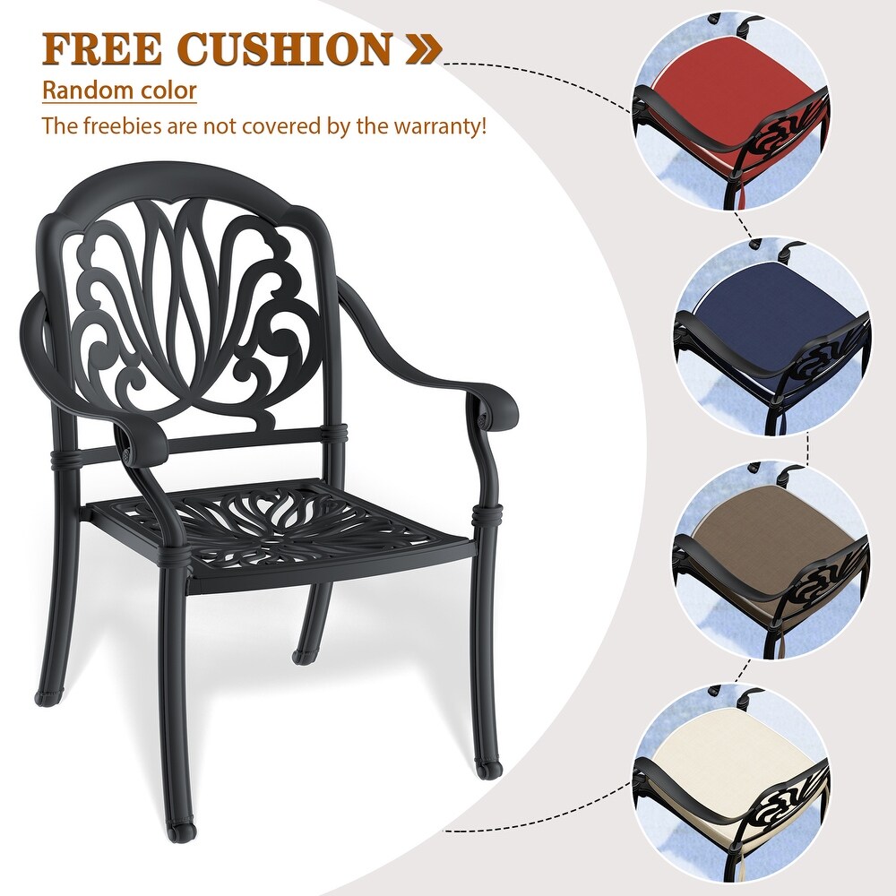 5/7 Piece Cast Aluminum Outdoor Dining Set with 59.06'' L X 35.43'' W Rectangular Table and Random Color Seat Cushions