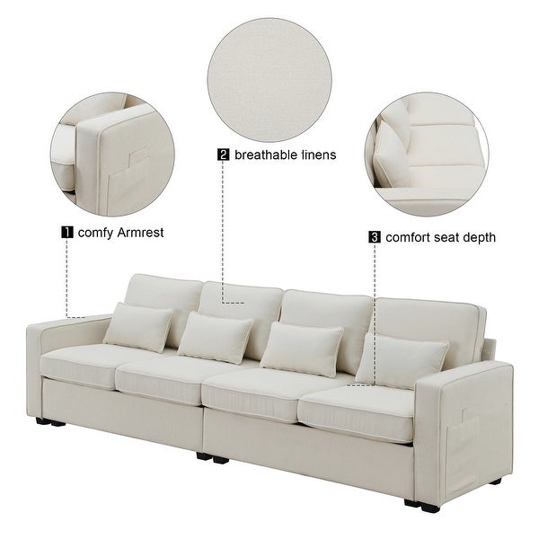 4 Seater Modern Linen Fabric Sofa with Armrest Pockets and 4 Pillows