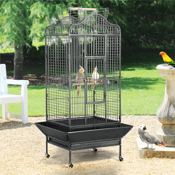 Extra Large Bird Cage with Rolling Stand， 3 Feeding Bowls and 2 Perches， Black